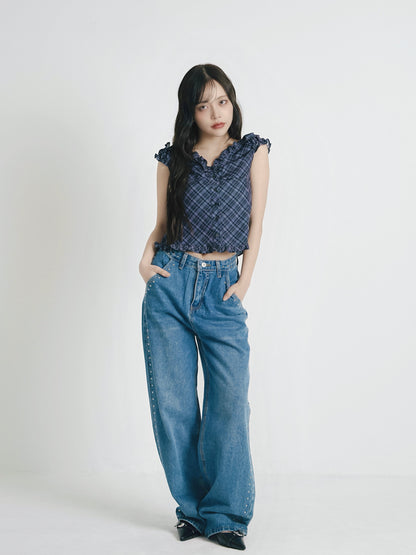 check frill sleeveless blouse