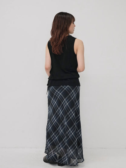 check sheer long skirt
