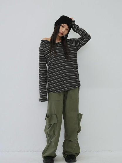 stripe button off shoulder t
