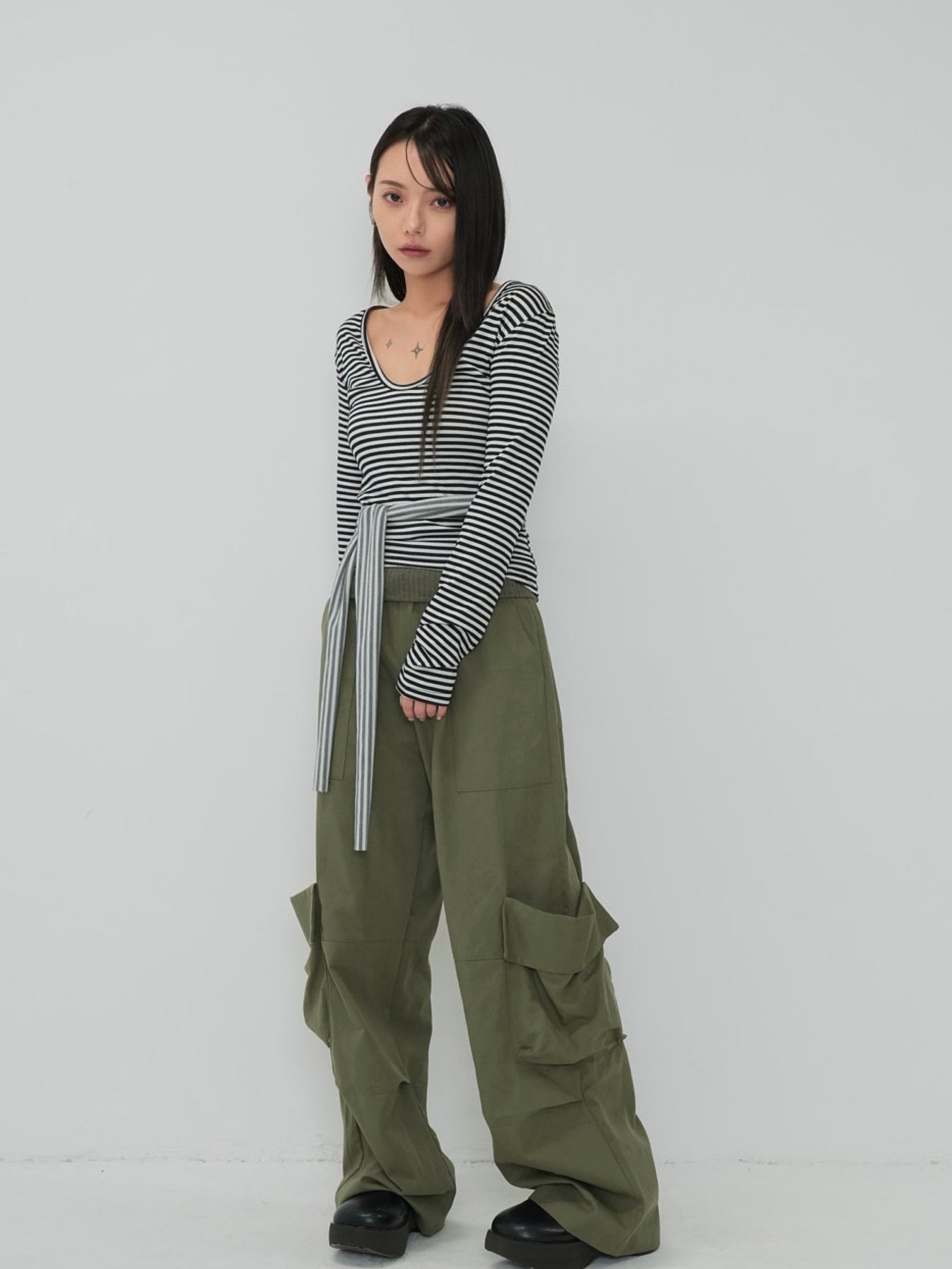 stripe waist wrap tops