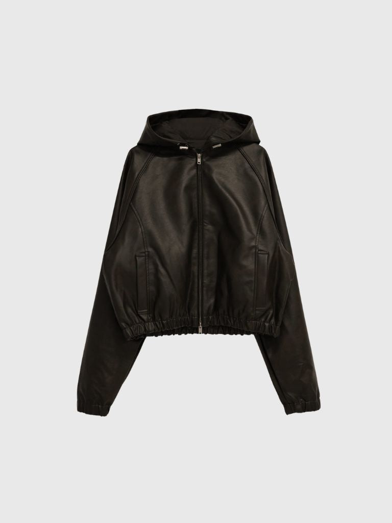 cropped hooded leather jacket
