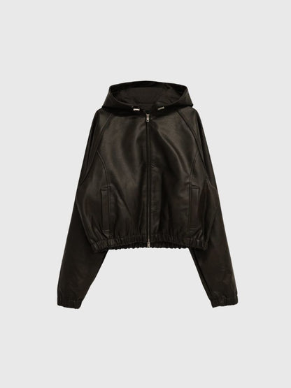 cropped hooded leather jacket