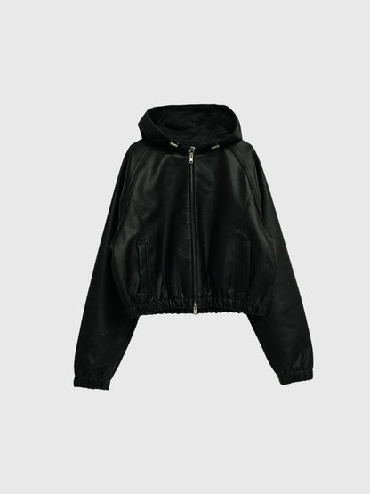 cropped hooded leather jacket