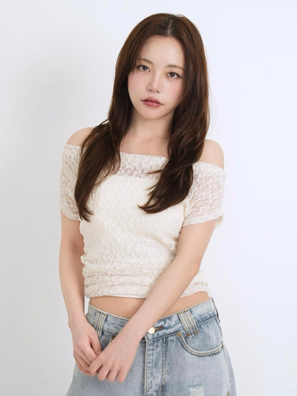 lace shirring off shoulder tops