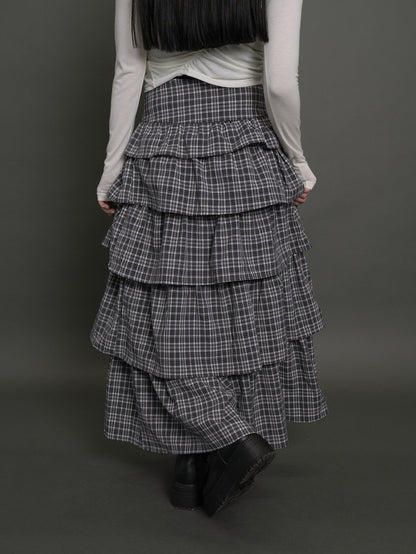 check frill long skirt