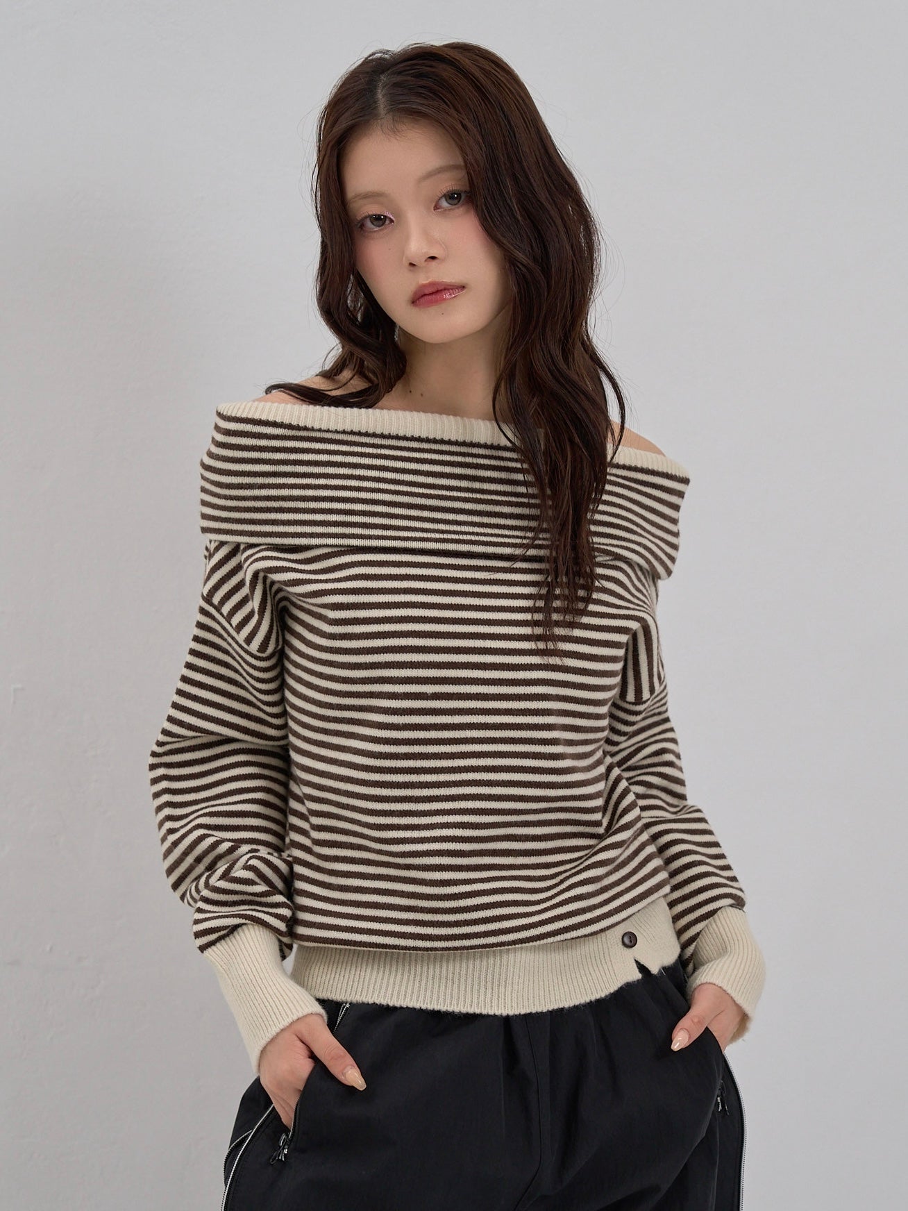 striped off shoulder knit