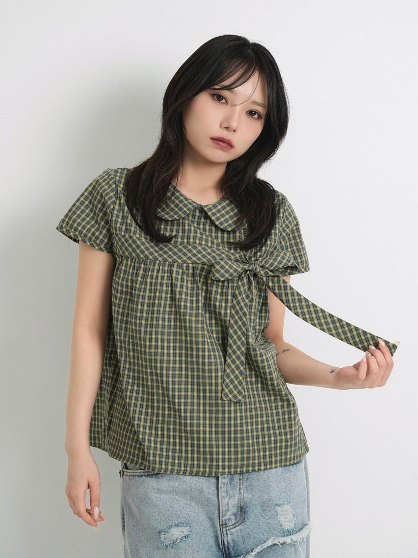 collar check blouse