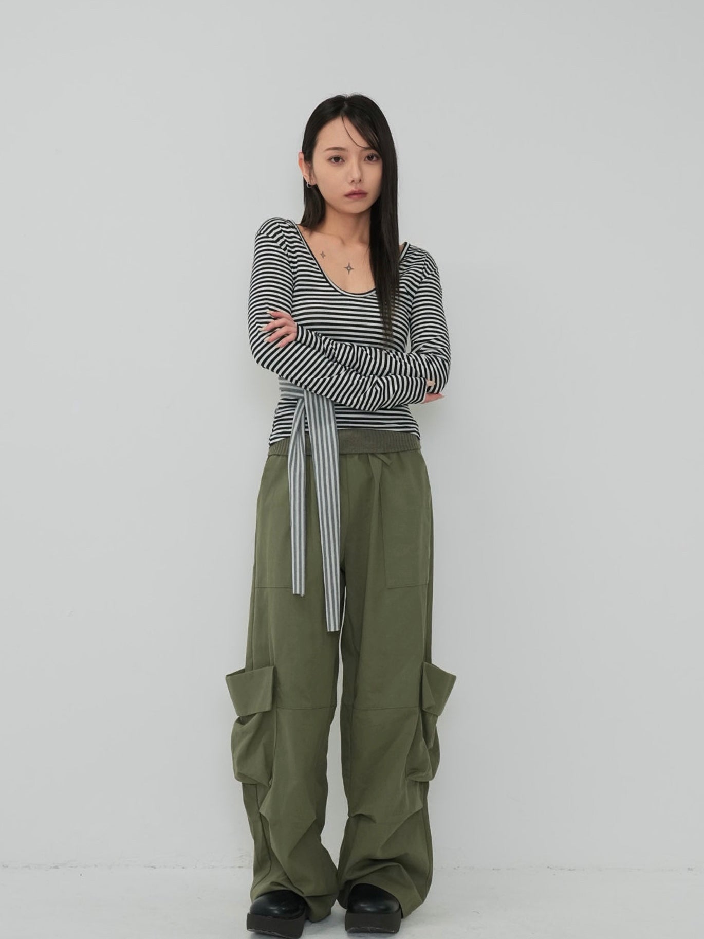 stripe waist wrap tops