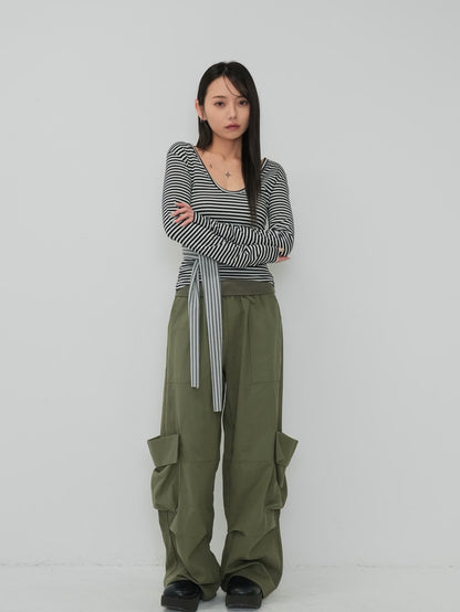 stripe waist wrap tops