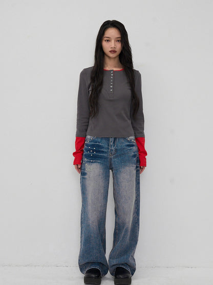 half button bicolor tops #3