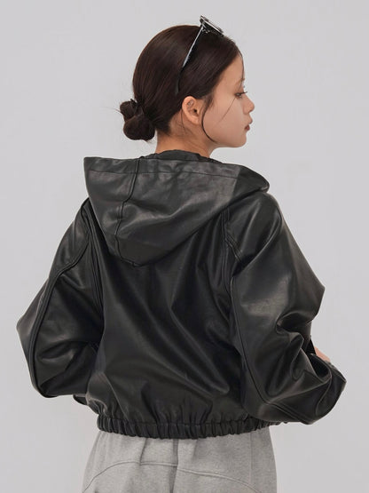 cropped hooded leather jacket