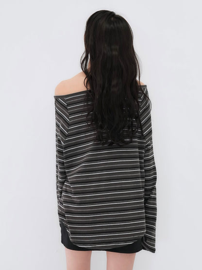 stripe button off shoulder t