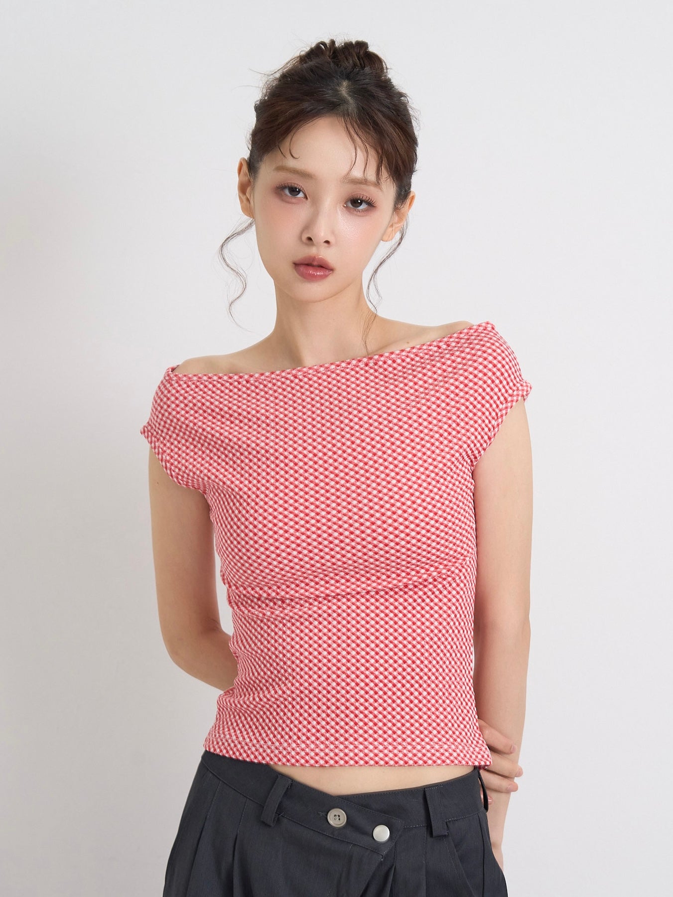 gingham off shoulder tops