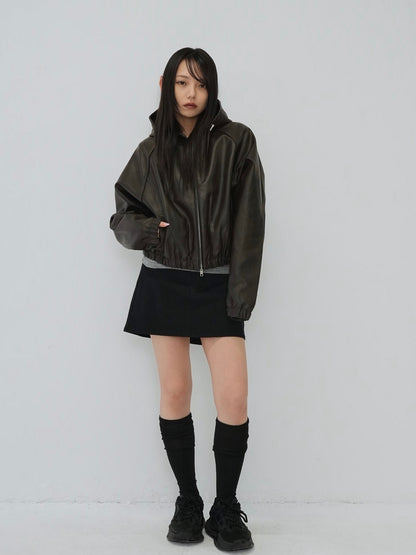 cropped hooded leather jacket