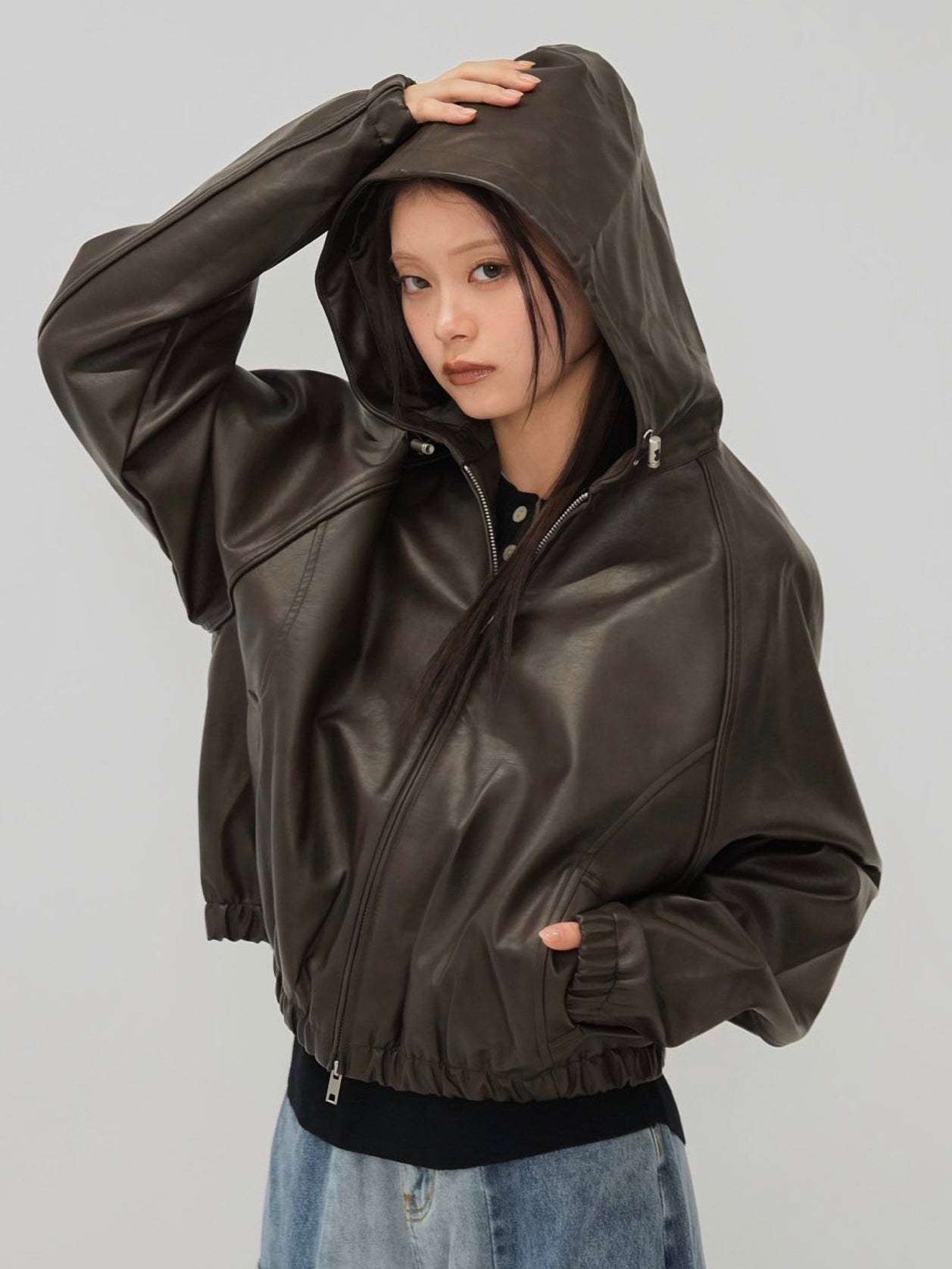 cropped hooded leather jacket