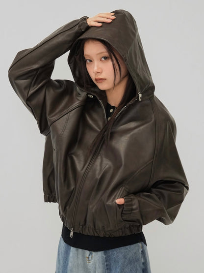 cropped hooded leather jacket