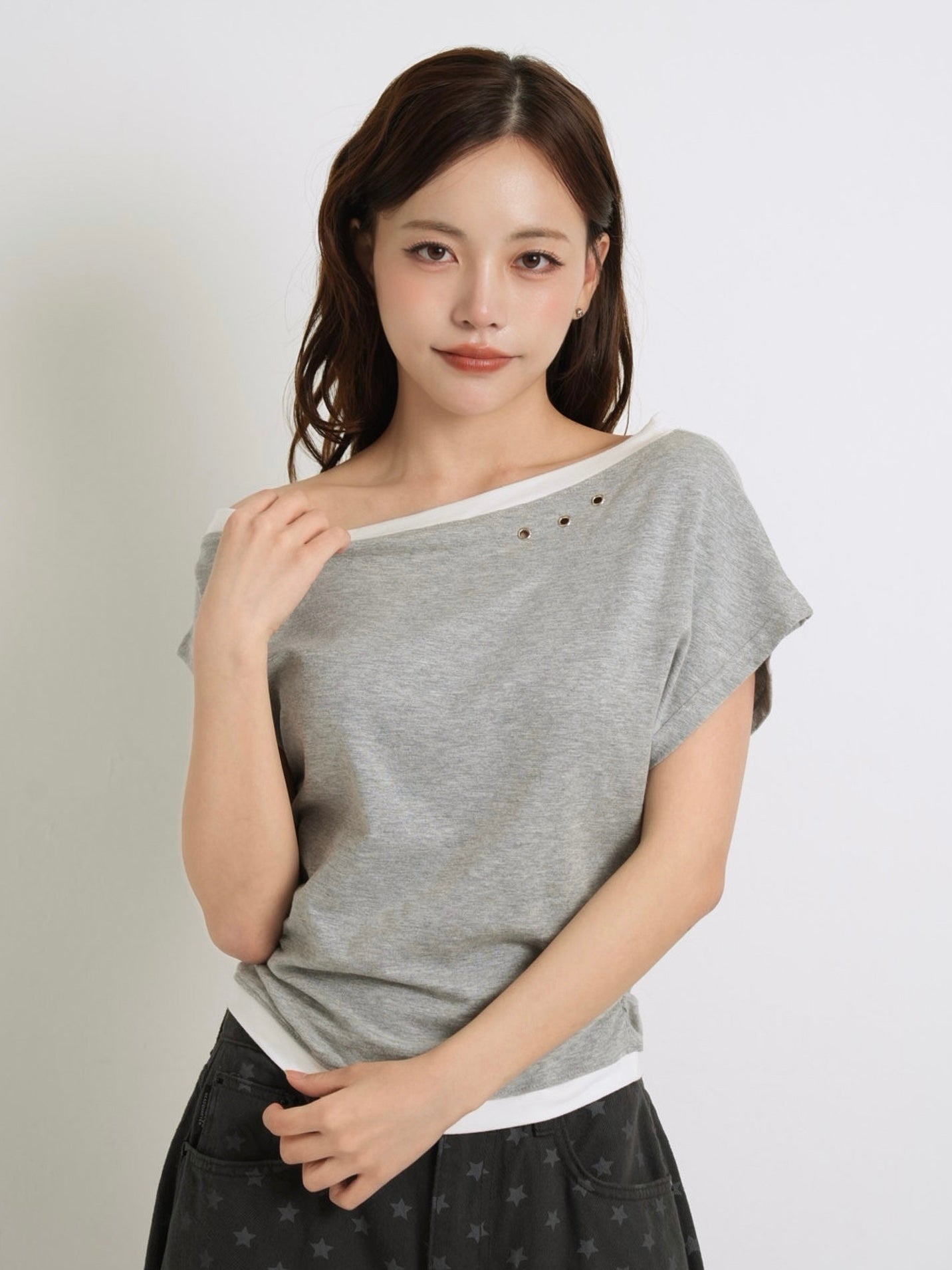 bicolor eyelet off shoulder tops