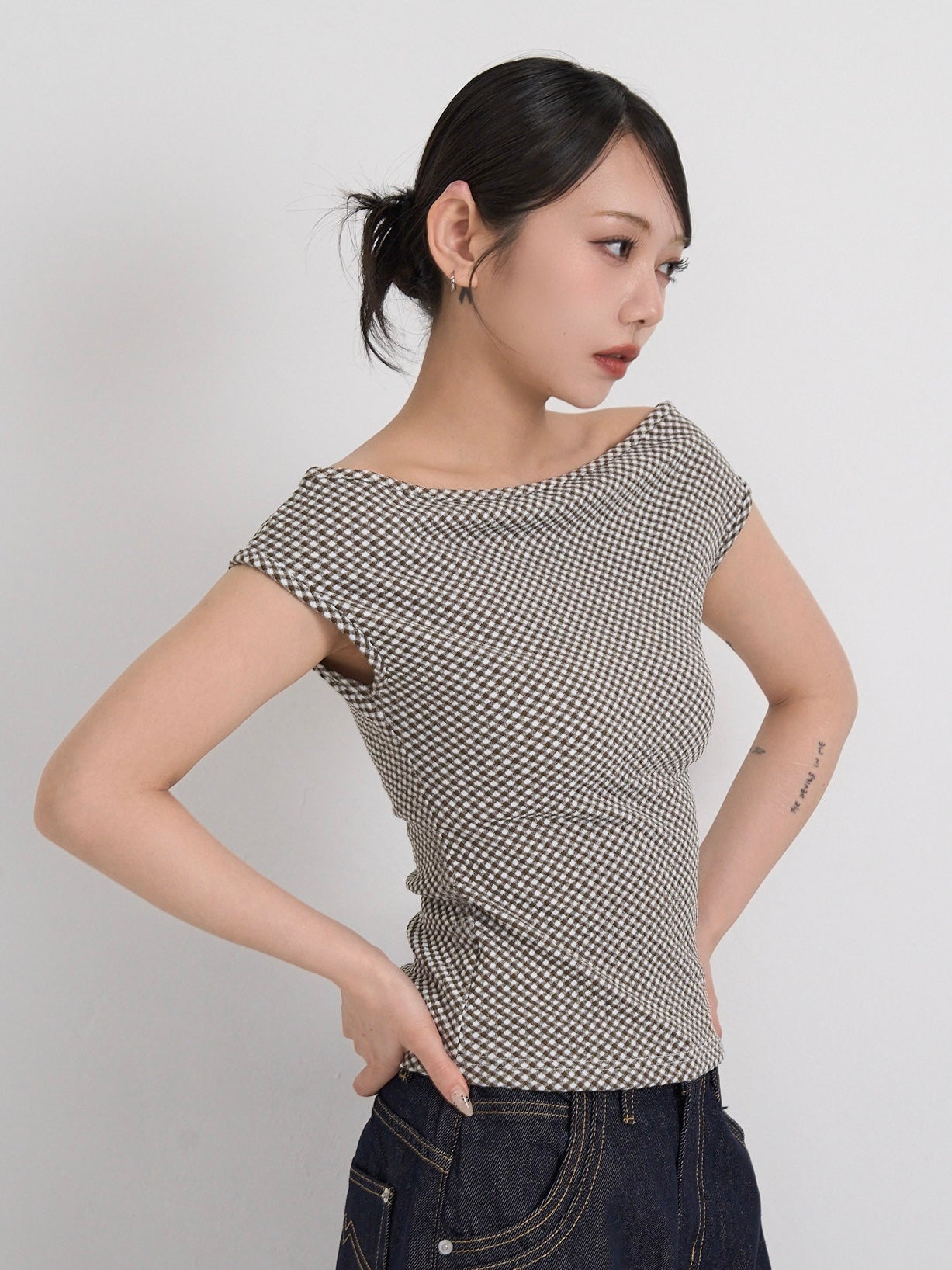 gingham off shoulder tops