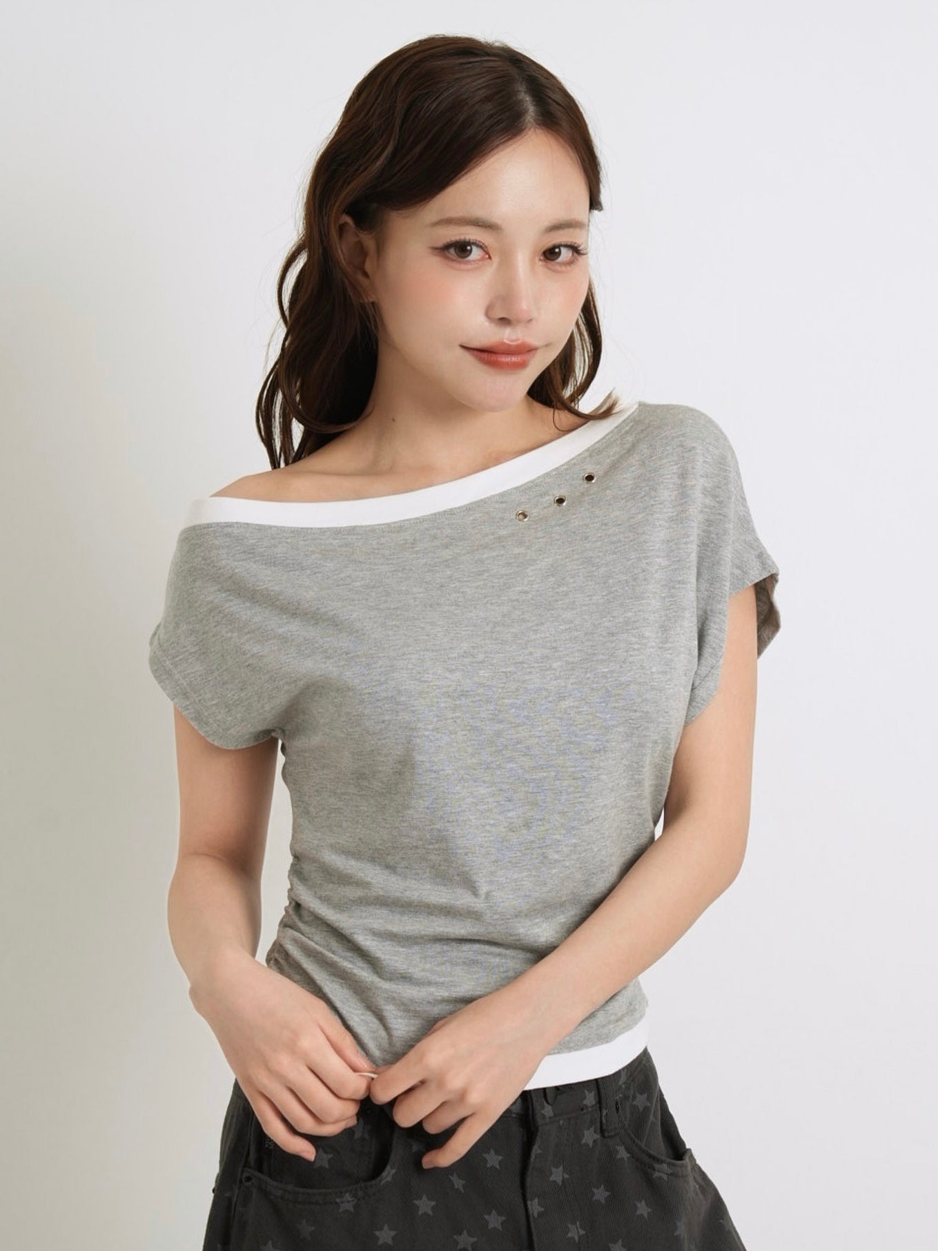 bicolor eyelet off shoulder tops