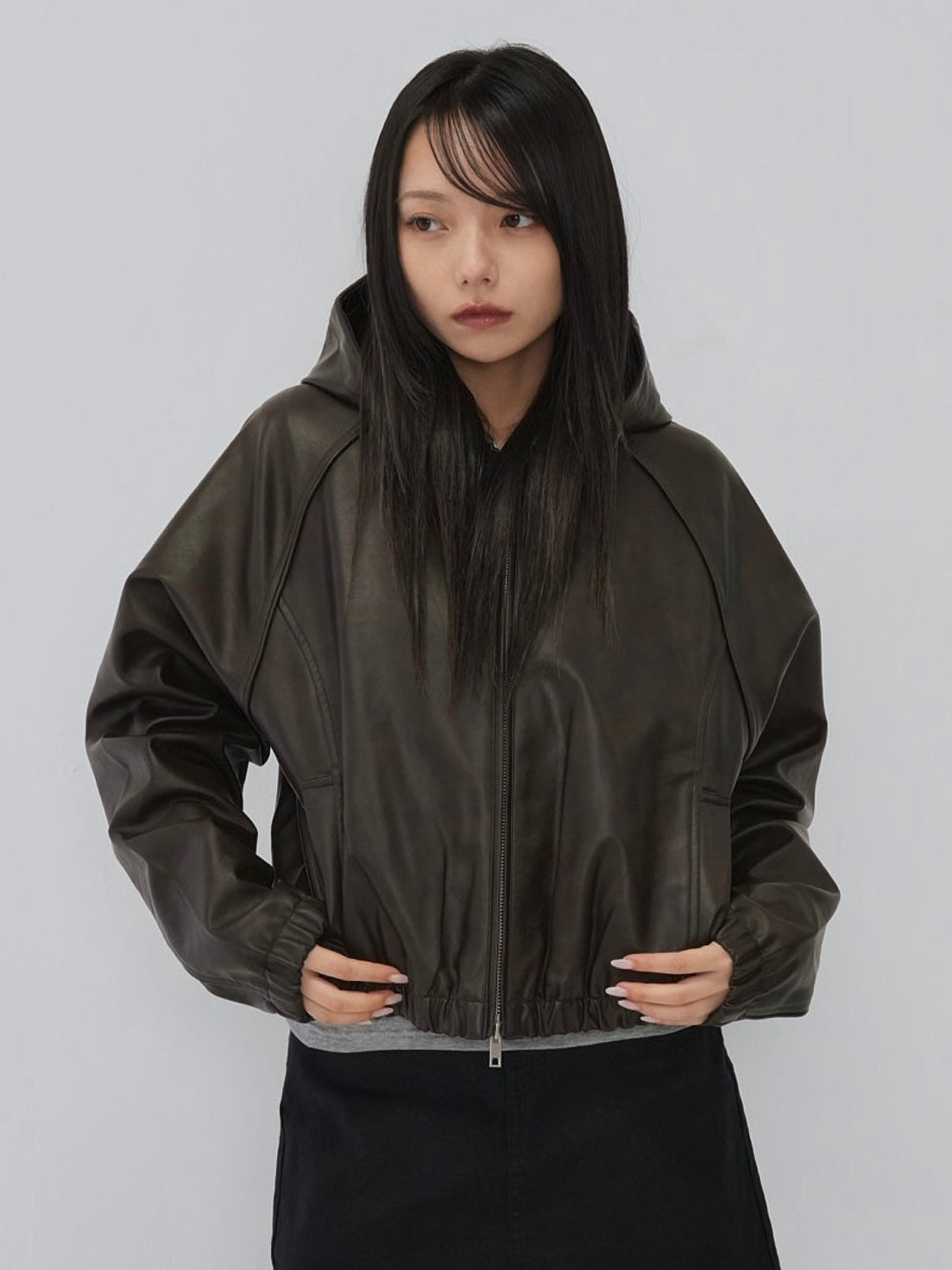 cropped hooded leather jacket