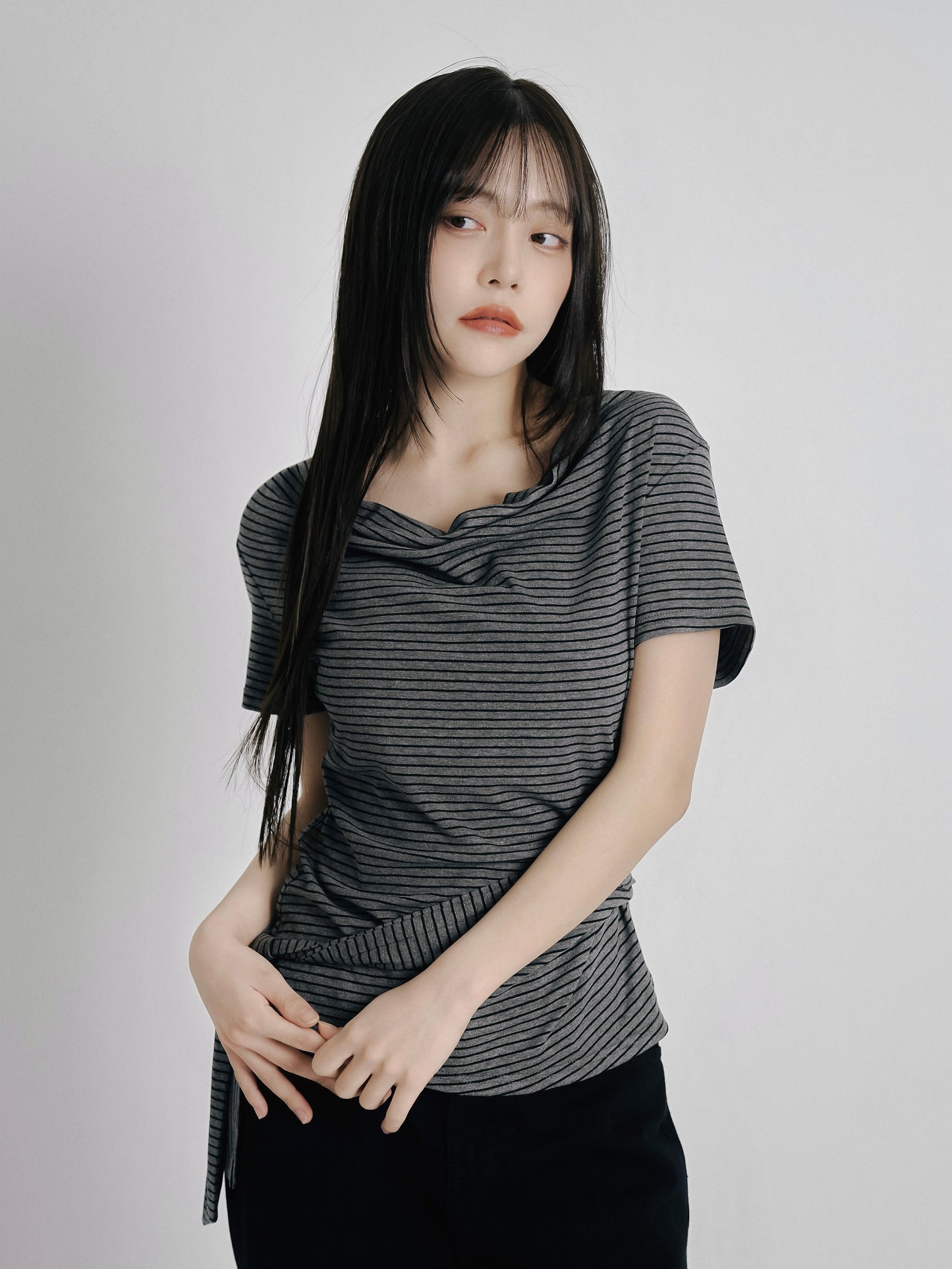 waist tie stripe tops