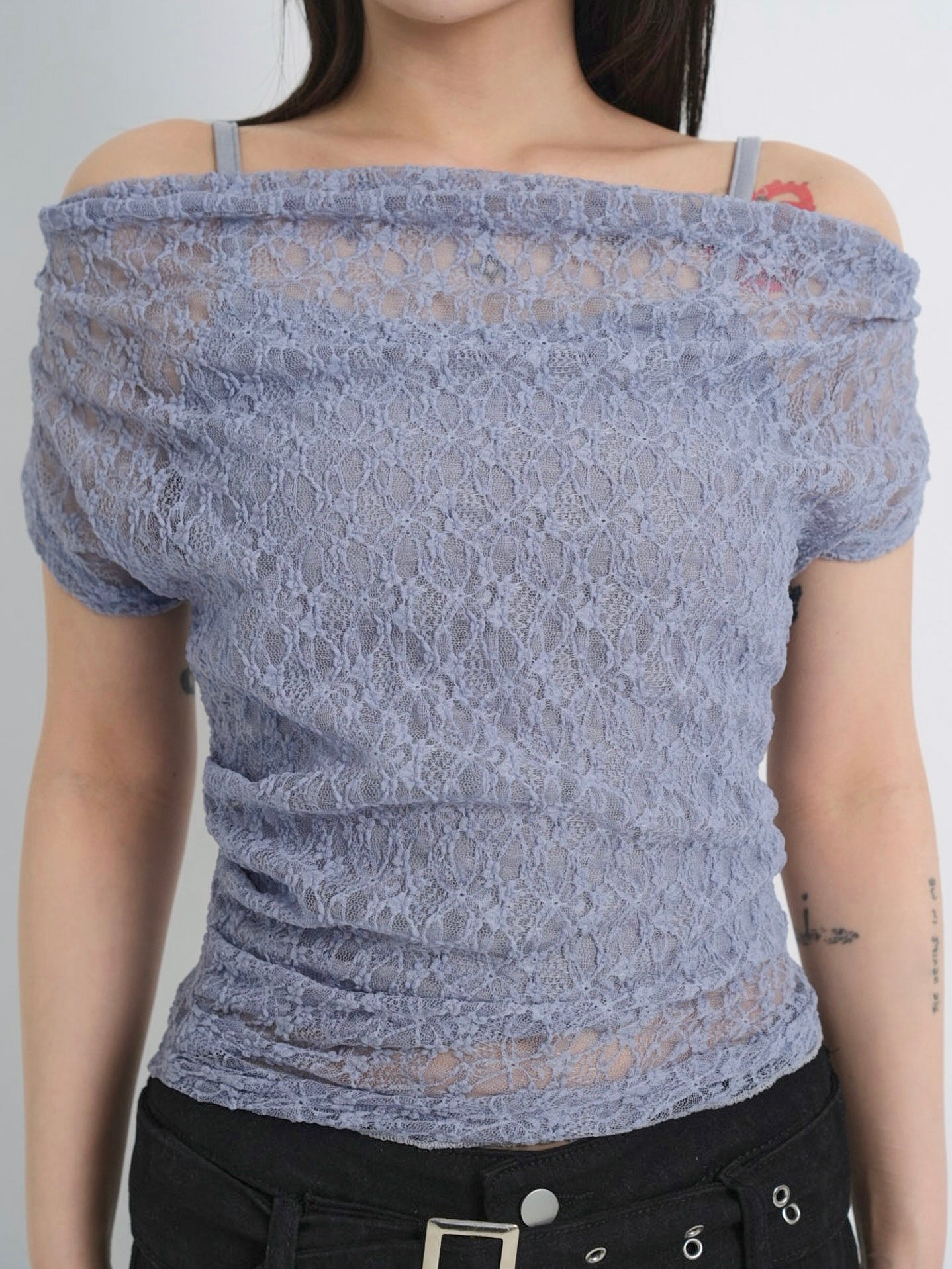 lace shirring off shoulder tops