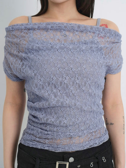 lace shirring off shoulder tops