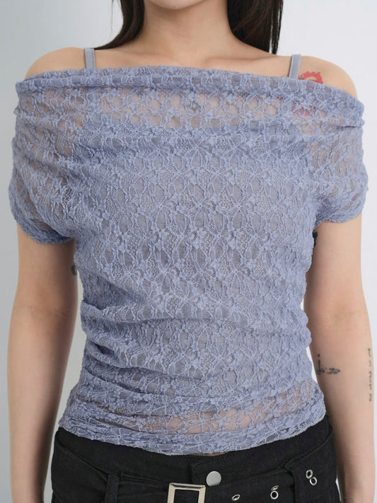 lace shirring off shoulder tops
