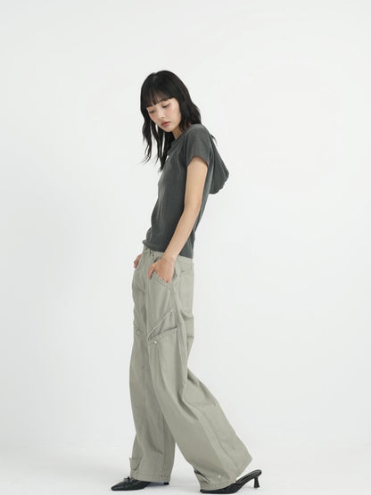 ‫low rise cargo pocket wide pants ‬