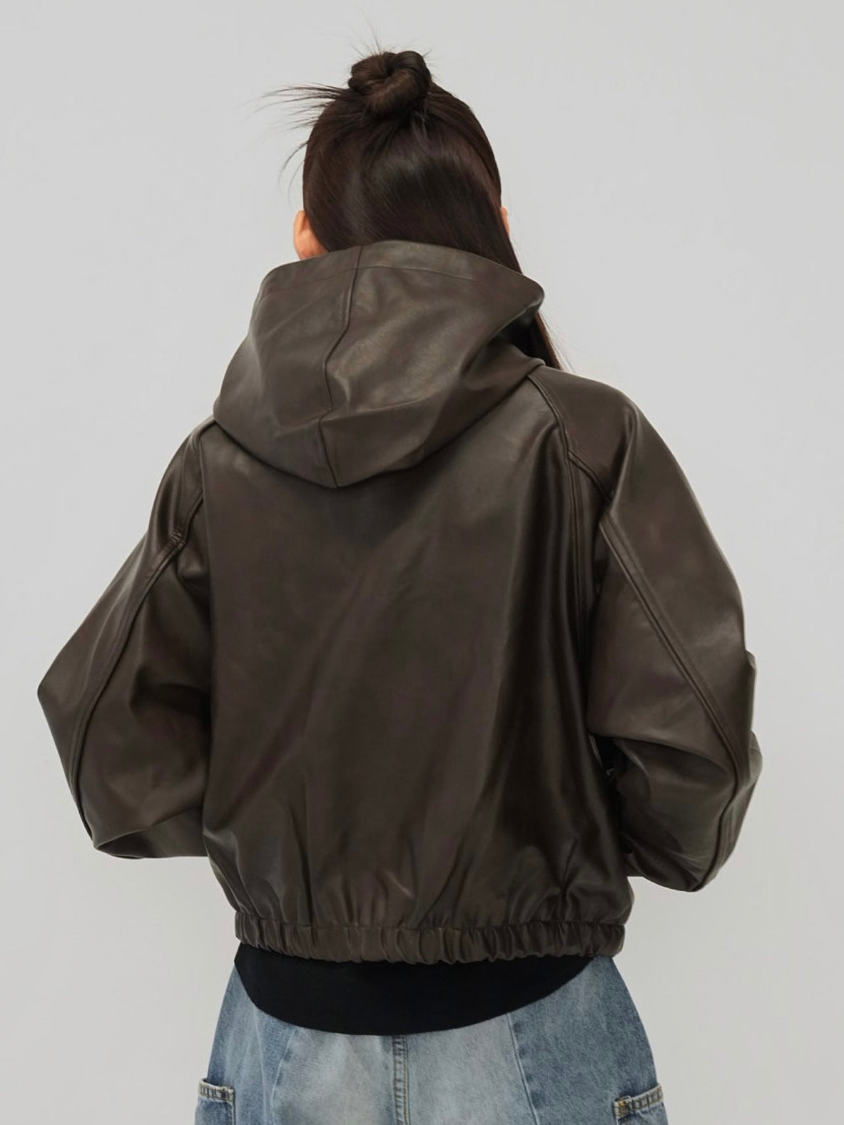 cropped hooded leather jacket
