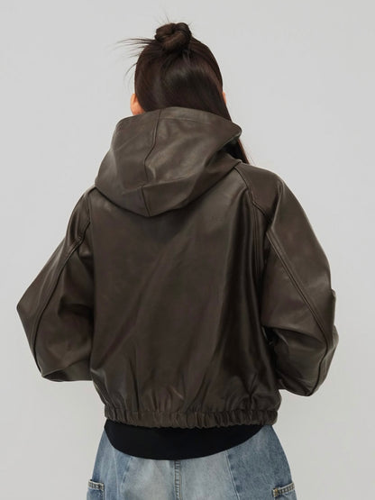 cropped hooded leather jacket