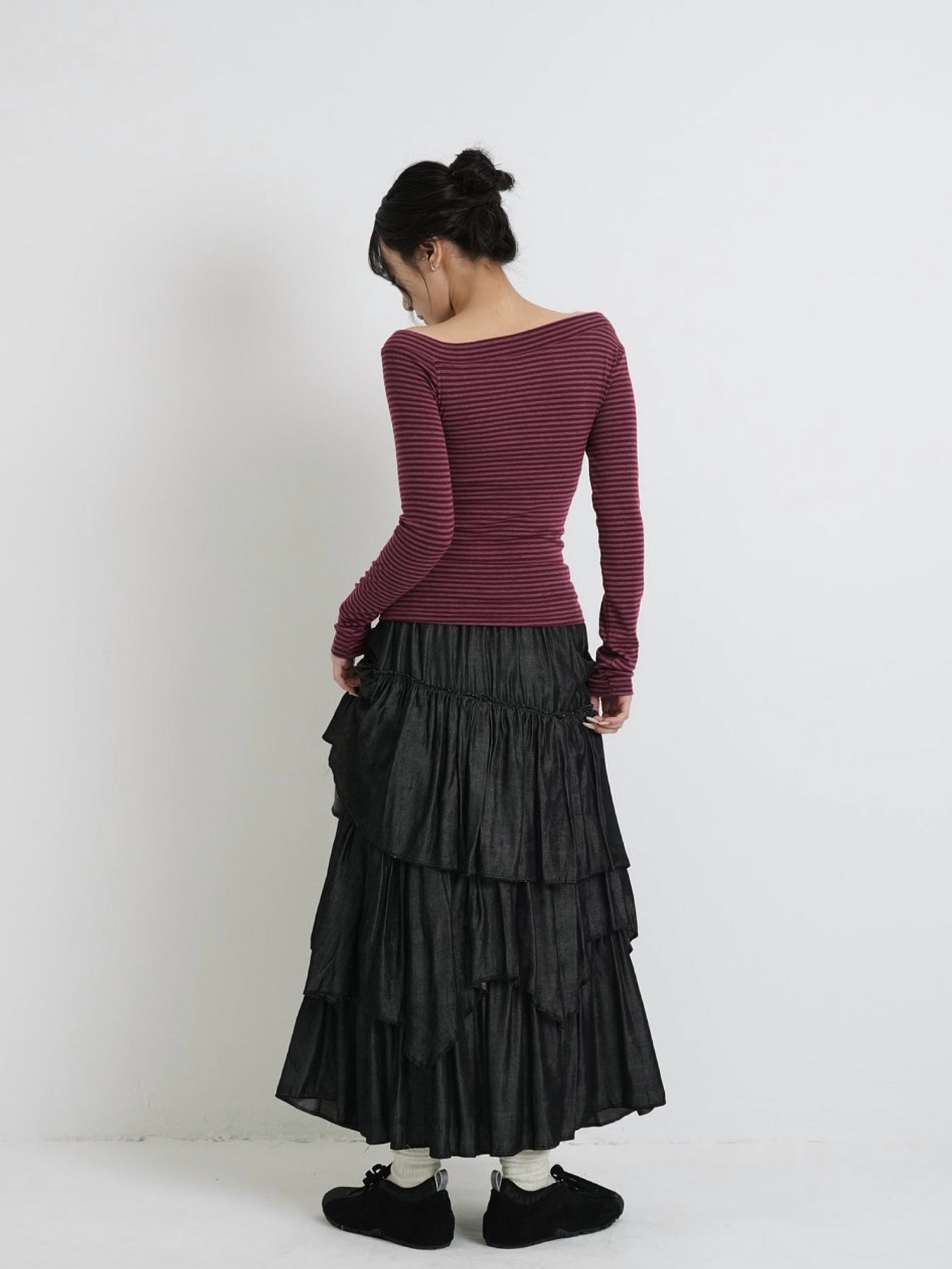 slim off shoulder stripe tops