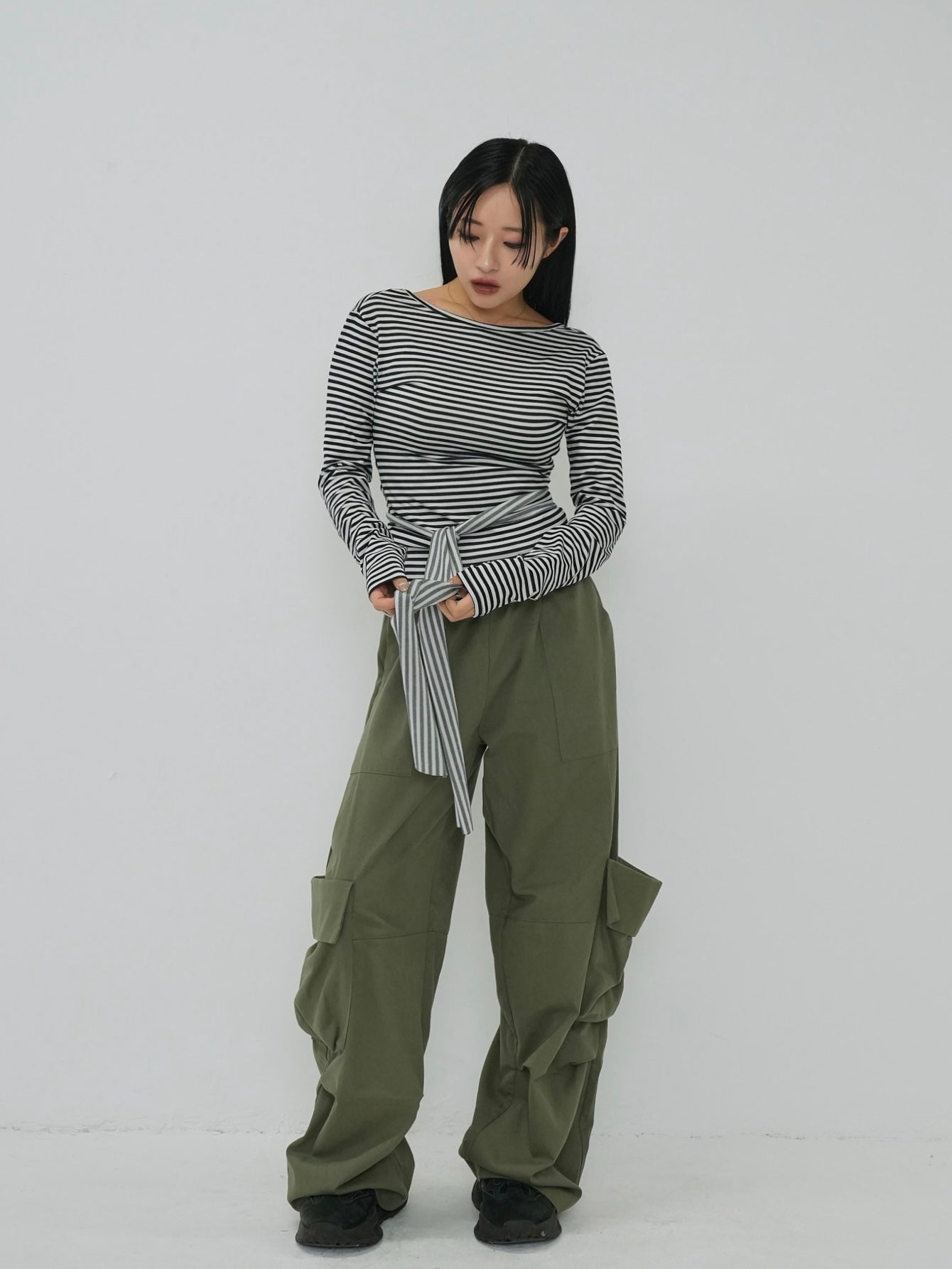 stripe waist wrap tops