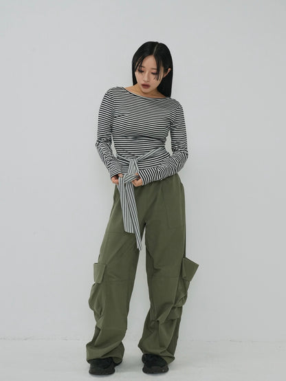 stripe waist wrap tops