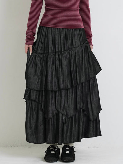 volume denim tiered skirt