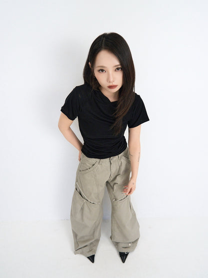 ‫low rise cargo pocket wide pants ‬
