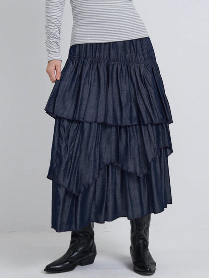 volume denim tiered skirt