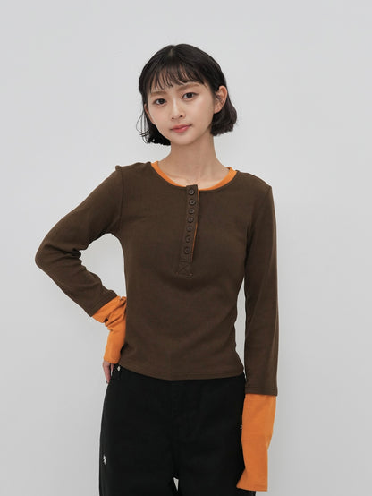 half button bicolor tops