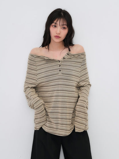 stripe button off shoulder t