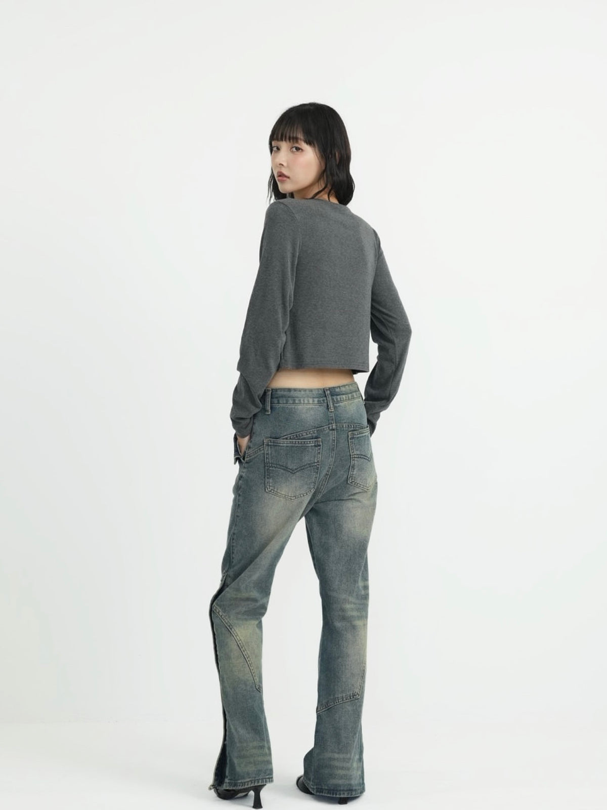 wide slit bootcut denim pants