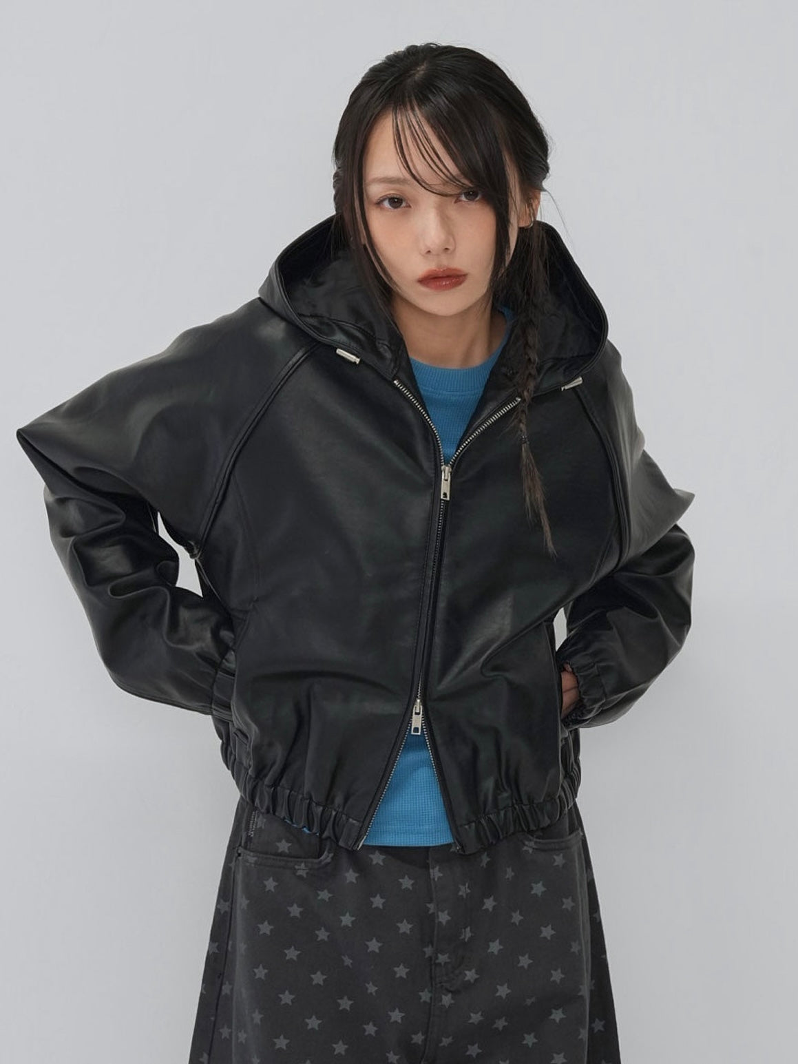 cropped hooded leather jacket