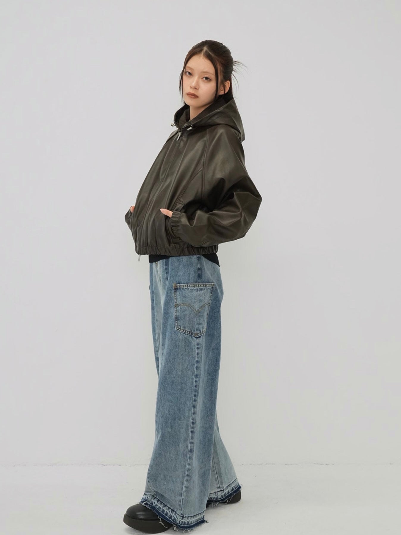 cropped hooded leather jacket