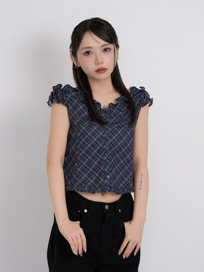 check frill sleeveless blouse