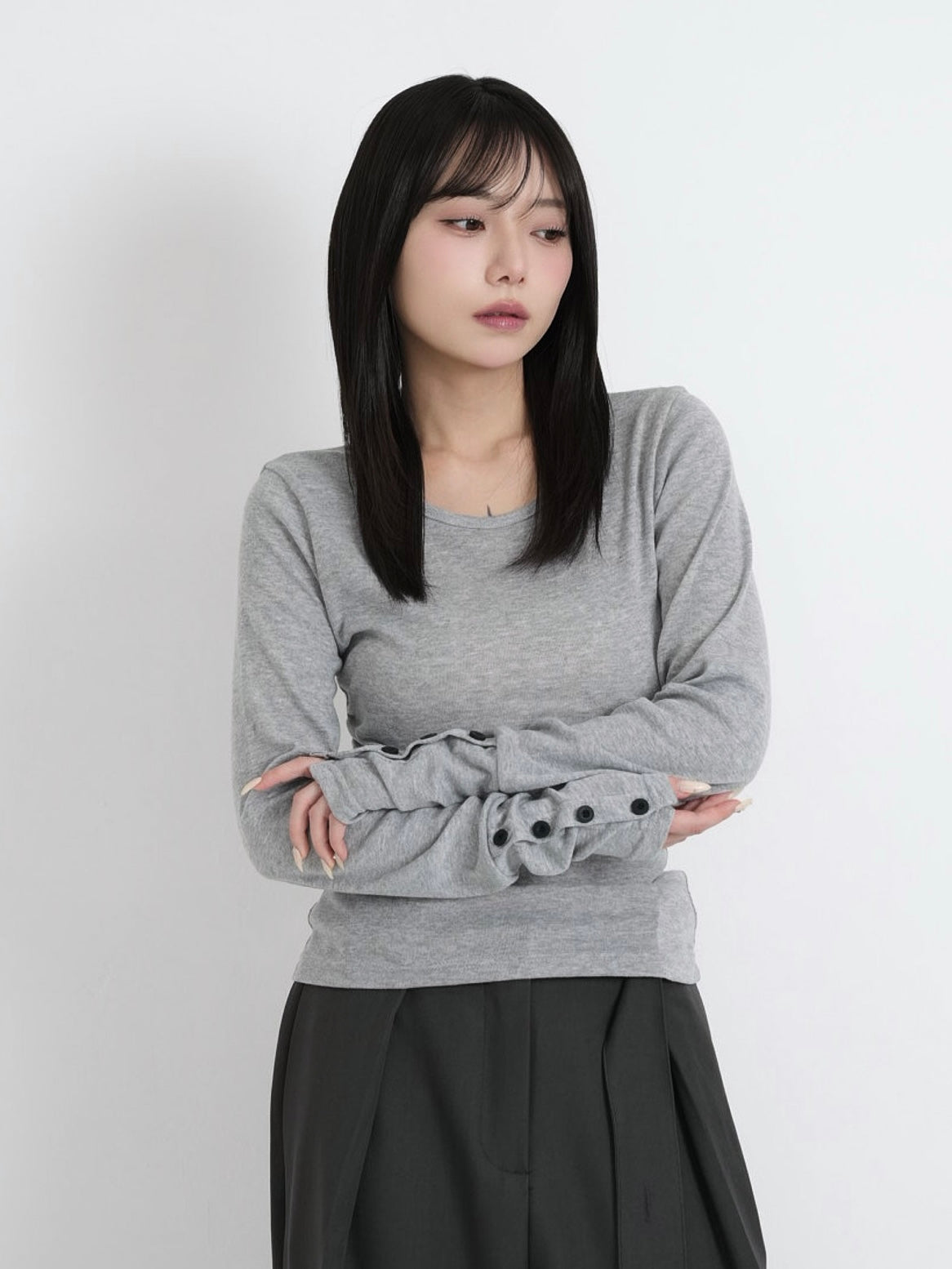 round neck button sleeve tops