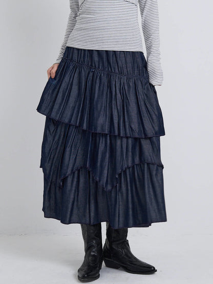 volume denim tiered skirt