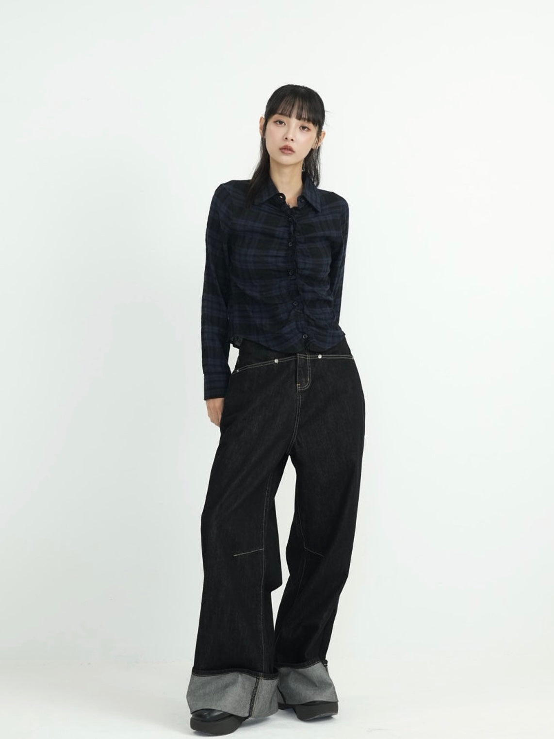 check frill blouse shirt