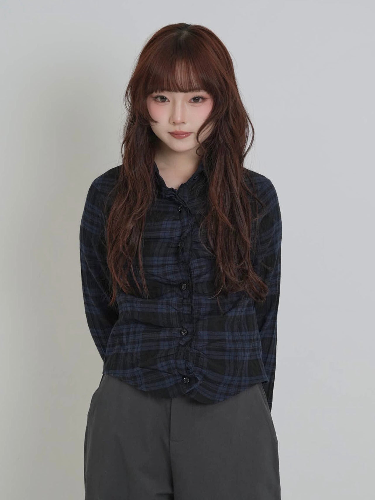 check frill blouse shirt