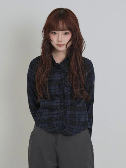 check frill blouse shirt