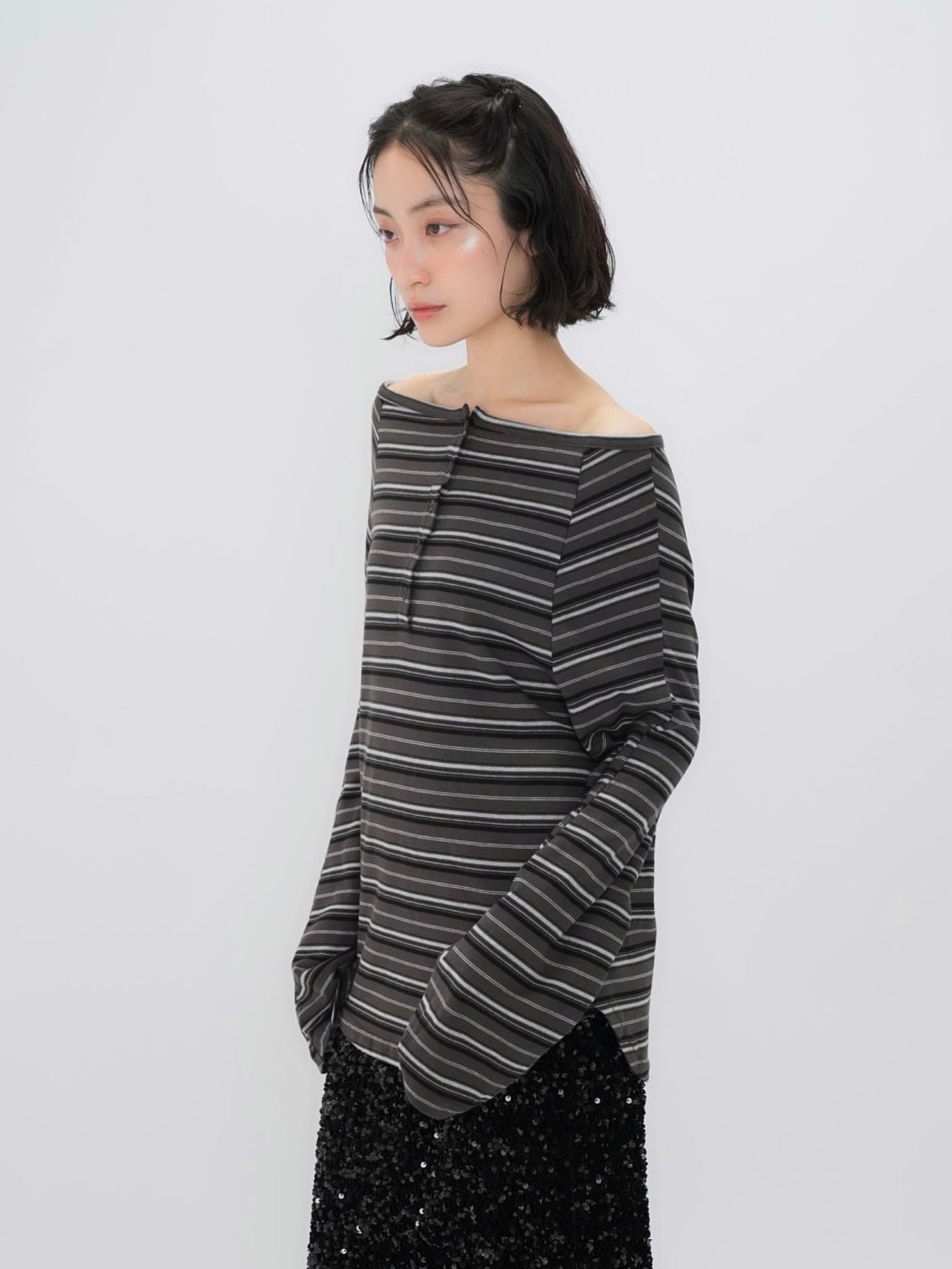 stripe button off shoulder t