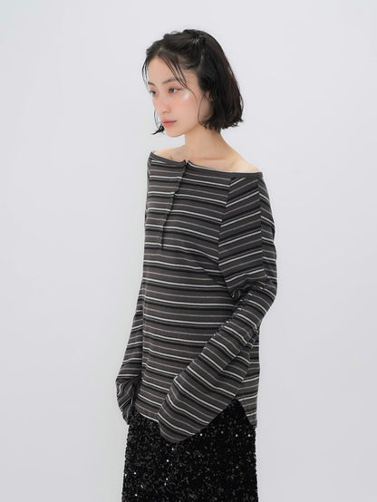 stripe button off shoulder t